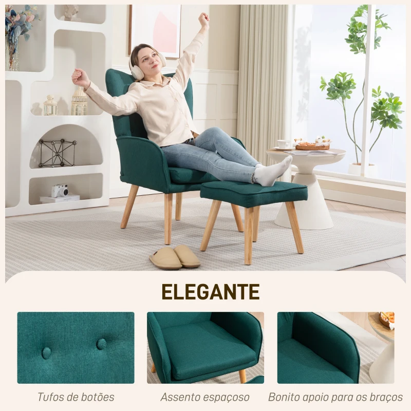 HOMCOM Poltrona com Apoio para Pés Poltrona de Leitura com Capitonê Pés de Madeira e Revestimento em Linho 70x72x94 cm Verde Escuro