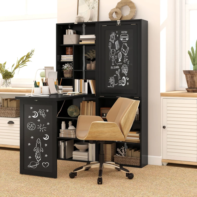 HOMCOM Scrivania Moderna Pieghevole con Libreria e Lavagna, in Legno e Metallo, 98x51x153 cm, Nero