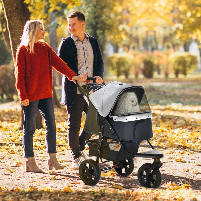 PawHut 2 in 1 Passeggino per Cani Pieghevole a 3 Ruote con Freno, Cestino Portaoggetti e Porta Bottiglia, in Acciaio e Oxford, Grigio e Nero, 109.5x57.5x106.5cm