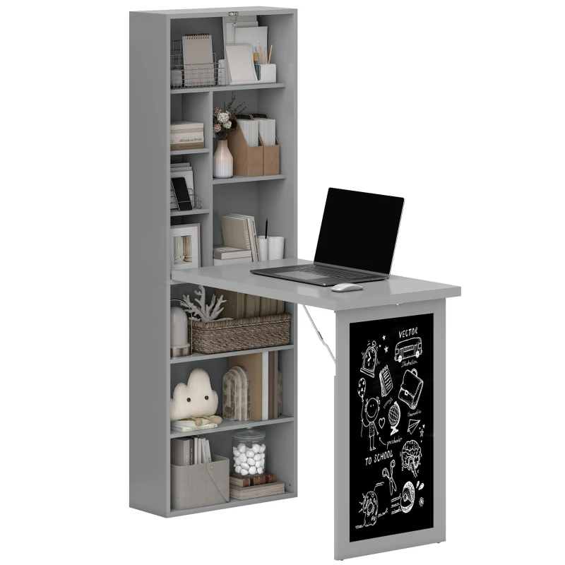 HOMCOM Bureau avec rangement pliable murale rabattable avec bibliothèque poste de travail tableau à craie et étagère réglable(m-10)