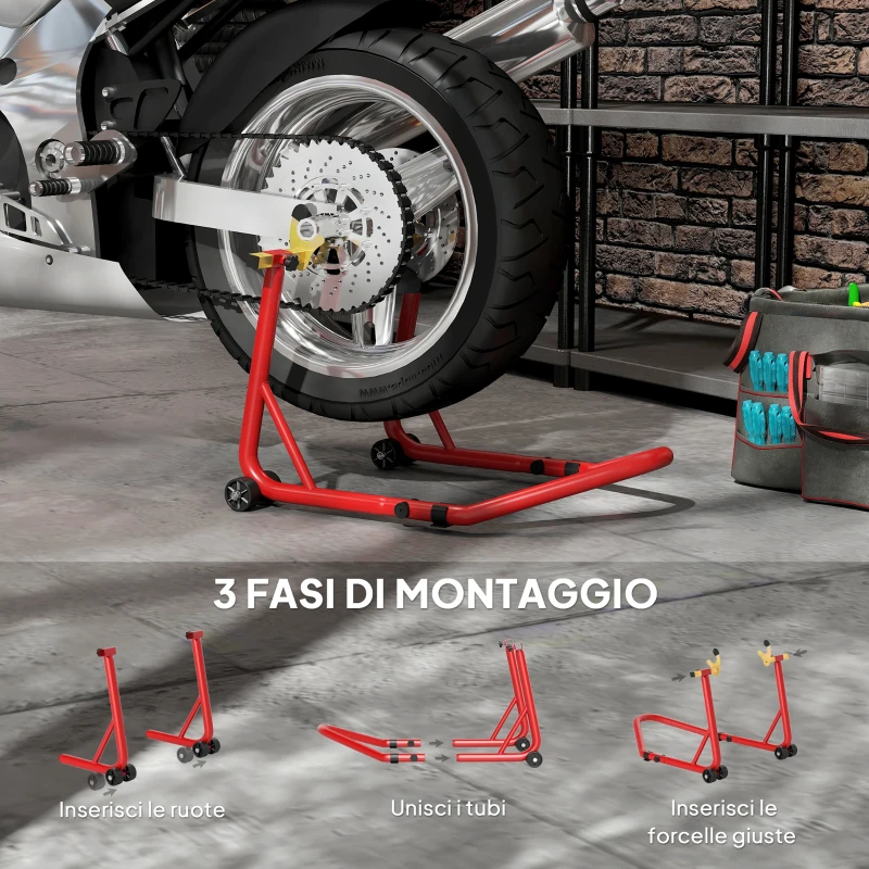 HOMCOM Cavalletto per Moto con Capacità di 544 kg, Forcelle Regolabili a U e L, Rotelle e Cuscinetti Antiscivolo, Rosso