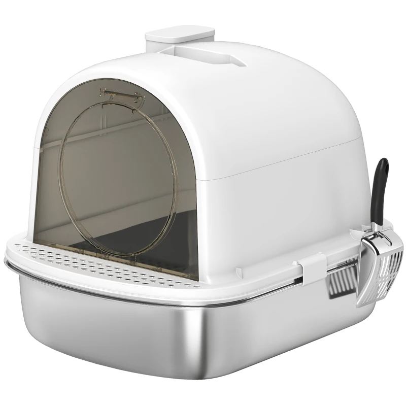 PawHut Arenero para Gatos de Acero Inoxidable con Cubierto Bolsa Desodorizante Pala Fácil de Limpiar 52,4x41,3x39,9 cm Blanco