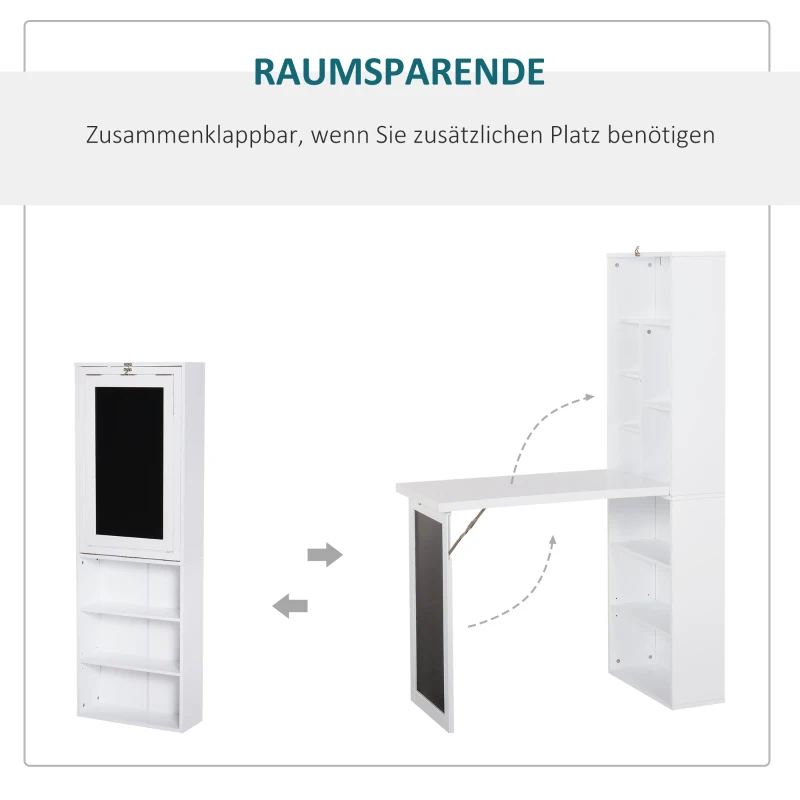 HOMCOM Schreibtisch Esstisch klappbar mit 6 Fächer Bücherregal mit 3 Regale Computertisch Bürotisch E1 Spanplatte Metallrahmen Weiß 98 x 51 x 153 cm