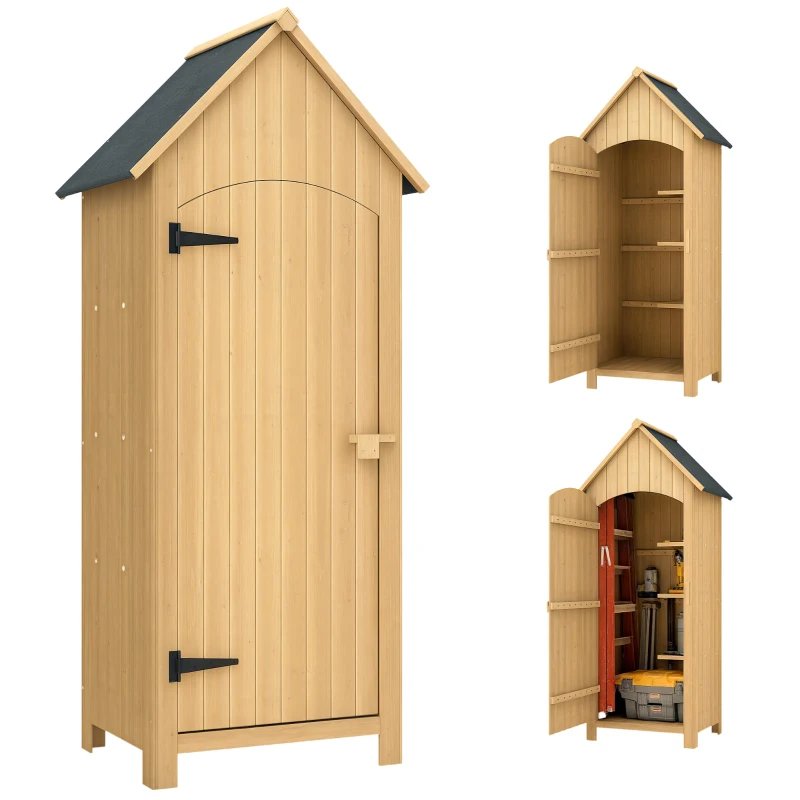 Outsunny Wooden Garden Storage Shed with 3 Shelves, Outdoor Tool Storage Cabinet with Tilt Roof and Lockable Door, 77.5 x 54.2 x 179.5 cm, Natural