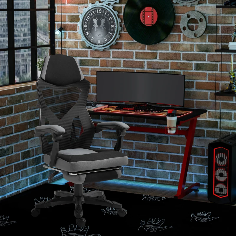 Vinsetto Scaun de Birou Ergonomic Reclinabil cu Suport Picioare Retractabil, Gri