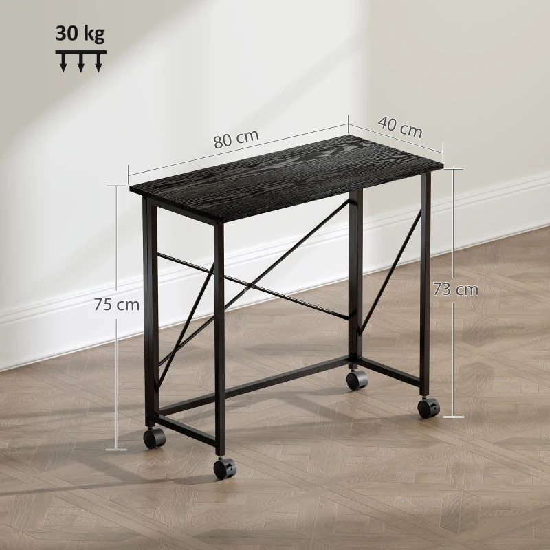 HOMCOM Secretária Dobrável com Rodas Mesa de Secretária Compacta Portátil para Espaços Pequenos 80x40x75 cm Preto
