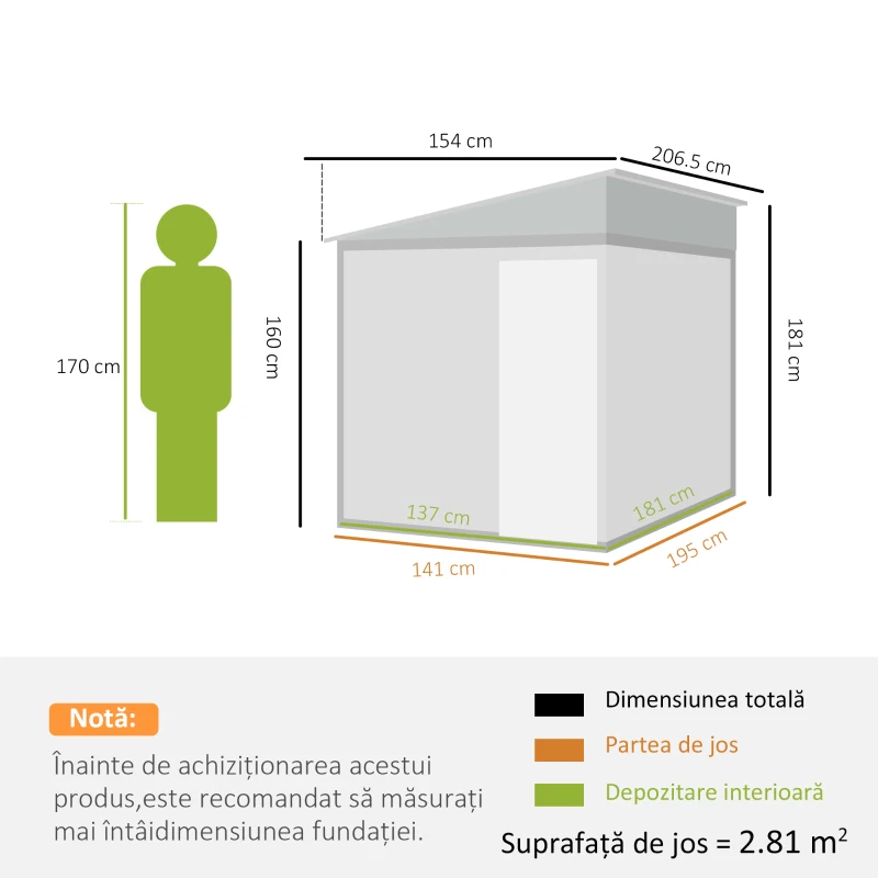 Outsunny Magazie Grădină din Oțel, Ușă Glisantă, pentru Căsuță de Unelte, Căsuță de Grădină, 154x206.5x160/181 cm, Albă