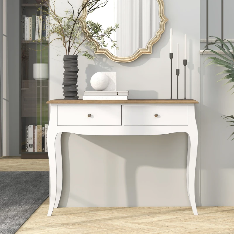 HOMCOM Tavolo Consolle Moderno con 2 Cassetti in Legno, 100x35x76.5 cm, Bianco e Marrone Scuro