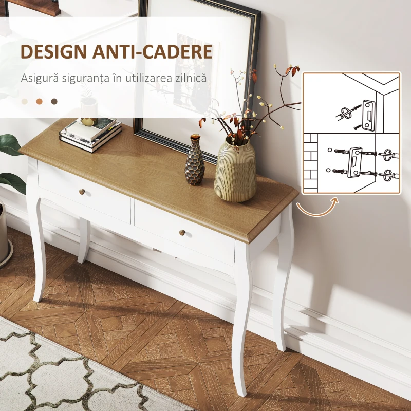 HOMCOM Masă Consolă Modernă cu 2 Sertare, Consolă de Intrare din MDF și PAL, 100x35x76,5 cm, Alb