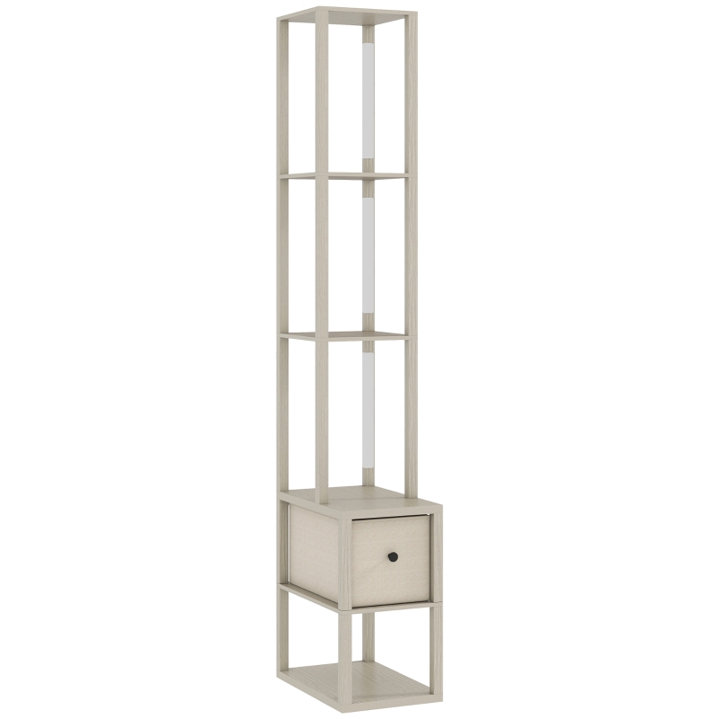HOMCOM Floor Lamp with Shelves, LED Column Modern Standing Lamp with Fabric Drawer, Adjustable Brightness, Foot Switch for Living Room, Bedroom, Office, Oak