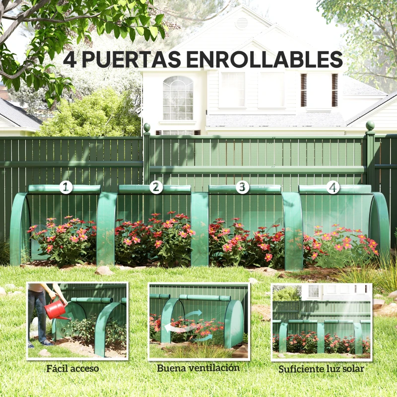 Outsunny Invernadero Pequeño Invernadero de Jardín para Cultivo de Plantas con 4 Ventanas Enrollables 395x100x80 cm Verde