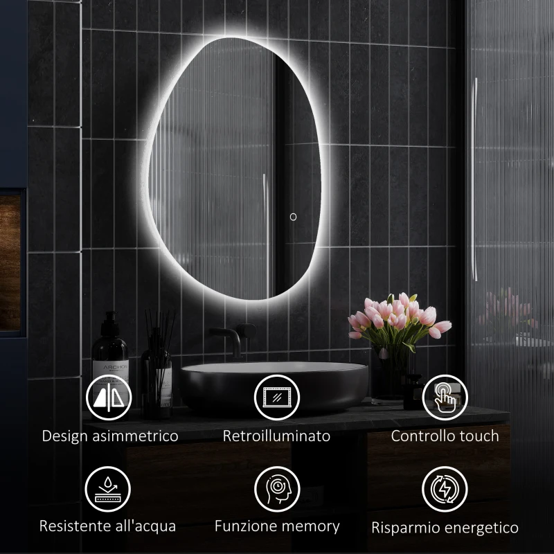 HOMCOM Specchio da Bagno Illuminato a LED con Colore e Temperatura Regolabile, in Vetro Temperato, 70x5x50 cm, Argento