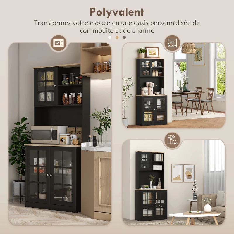 HOMCOM Buffet cuisine, meuble cuisine rangement haut, meuble de rangement avec plan de travail, 3 portes vitrées, 2 niches et étagères réglables, 80 x 37 x 183 cm, noir chêne