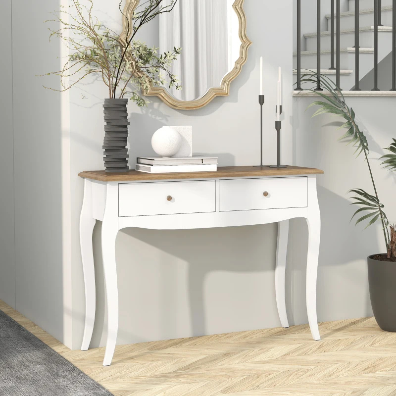 HOMCOM Mesa de Consola con 2 Cajones Estilo Francés para Pasillo Dormitorio Salón 100x35x76,5 cm Blanco y Marrón Oscuro