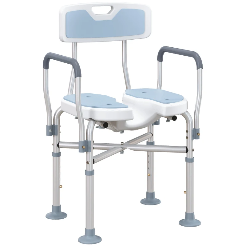 HOMCOM Taburete de ducha, taburete de baño con asiento acolchado en forma de U mejorado y apoyabrazos, altura ajustable, azul