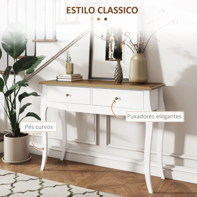 HOMCOM Mesa Consola Consola de Entrada com 2 Gavetas Estilo Francês 100x35x76,5 cm Branco e Marrom Escuro