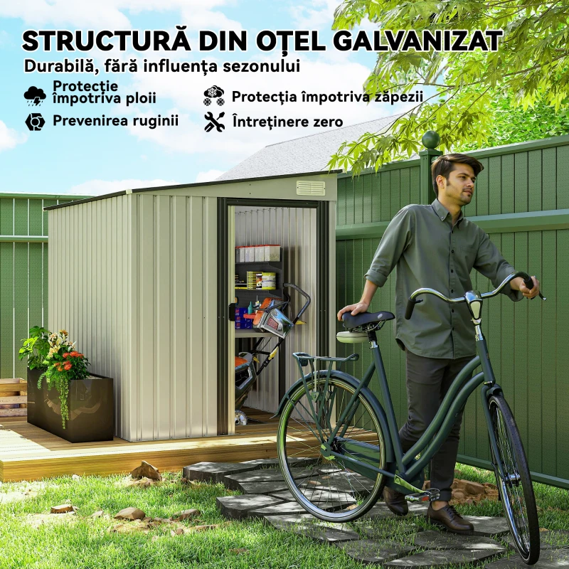 Outsunny Magazie Grădină din Oțel, Ușă Glisantă, pentru Căsuță de Unelte, Căsuță de Grădină, 154x206.5x160/181 cm, Albă