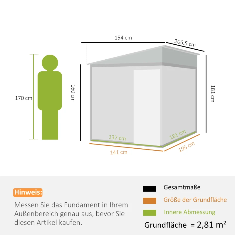 Outsunny Metall Gerätehaus 2,81m² 154x206,5x181 cm Geräteschuppen mit Pultdach Fundament(m-3)