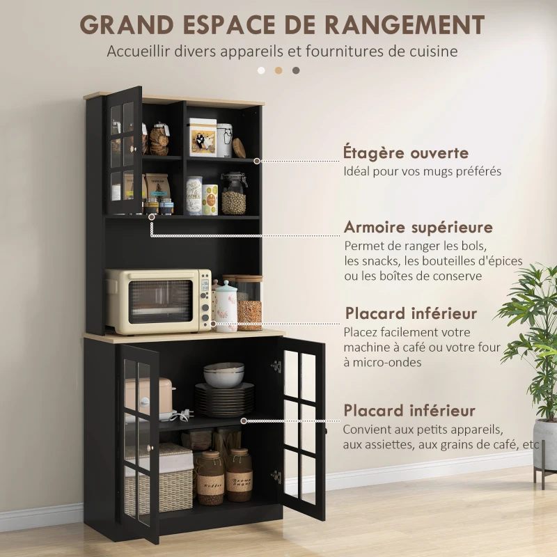 HOMCOM Buffet cuisine, meuble cuisine rangement haut, meuble de rangement avec plan de travail, 3 portes vitrées, 2 niches et étagères réglables, 80 x 37 x 183 cm, noir chêne