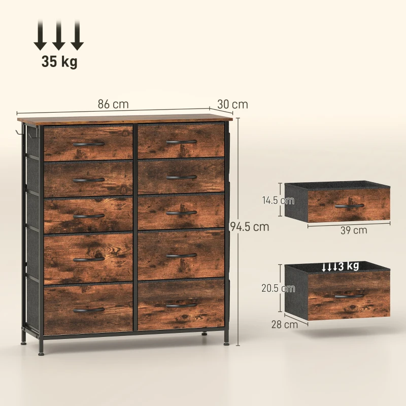 HOMCOM Chest of Ten Fabric Drawers - Rustic Brown