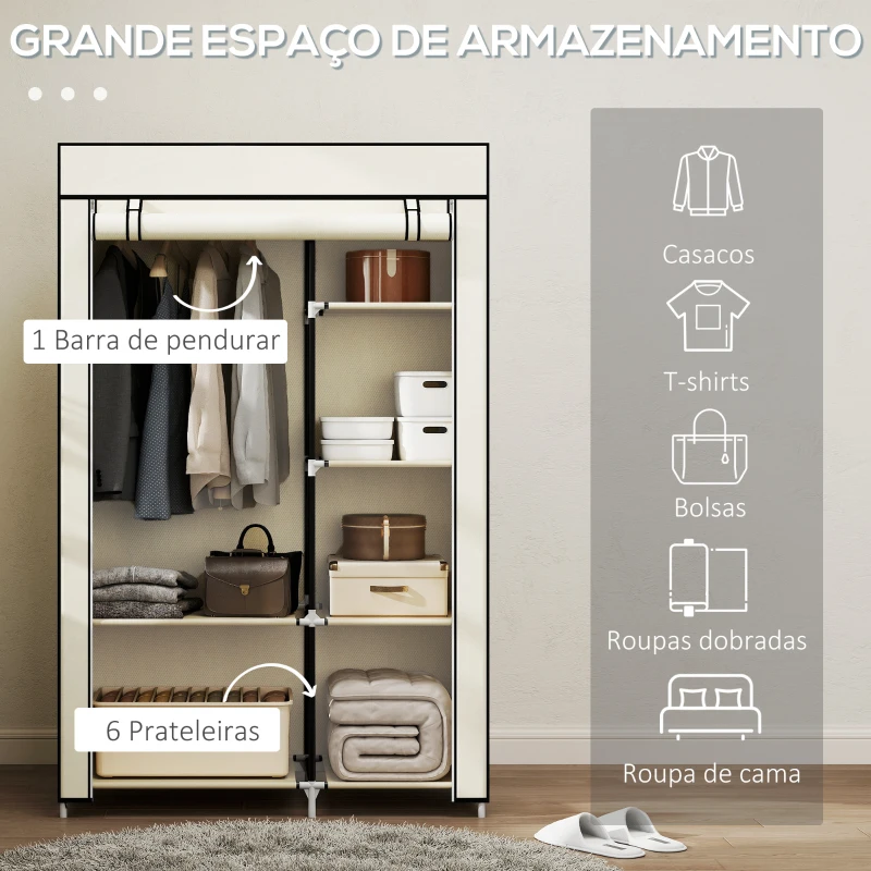 HOMCOM Roupeiro de Tecido Dobrável com 6 Prateleiras e 1 Barra de Pendurar para Dormitório Vestidor 103x43x162,5cm Creme