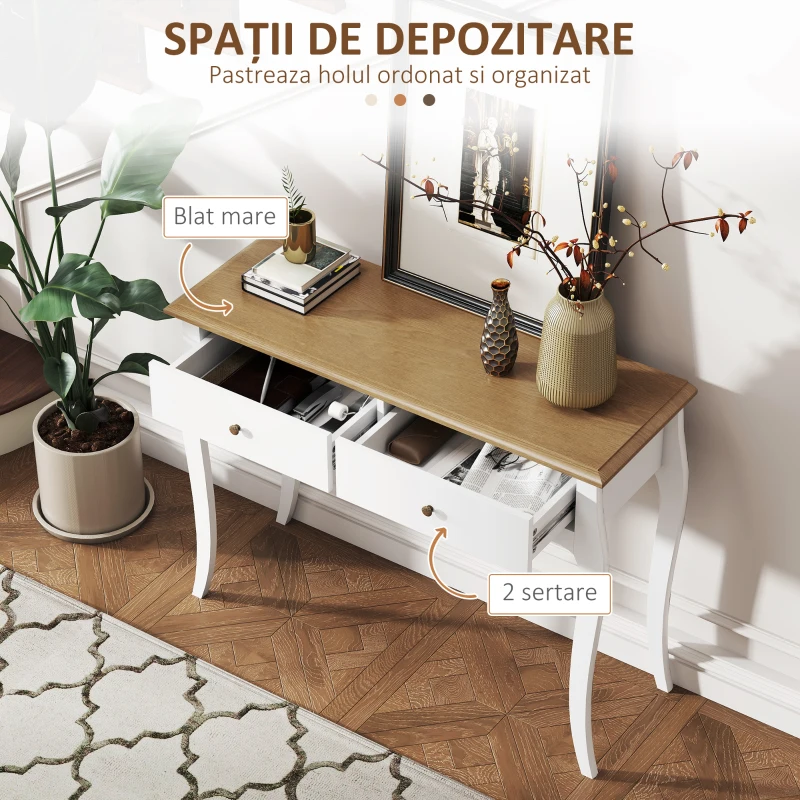 HOMCOM Masă Consolă Modernă cu 2 Sertare, Consolă de Intrare din MDF și PAL, 100x35x76,5 cm, Alb
