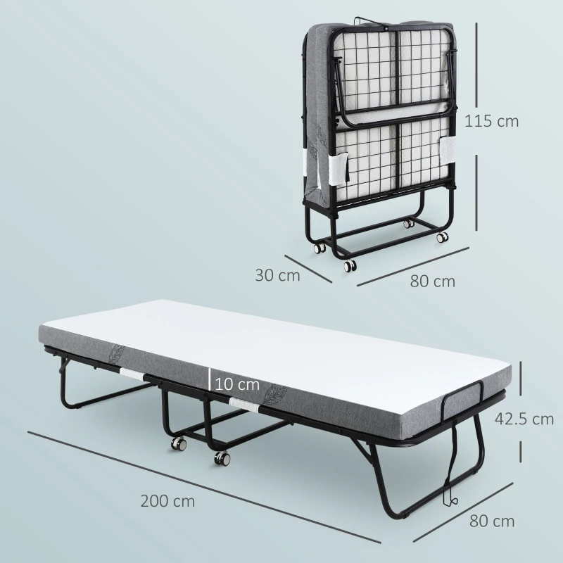 HOMCOM Folding Bed with 10cm Mattress, Portable Foldable Guest Bed with Sturdy Metal Frame on Wheels