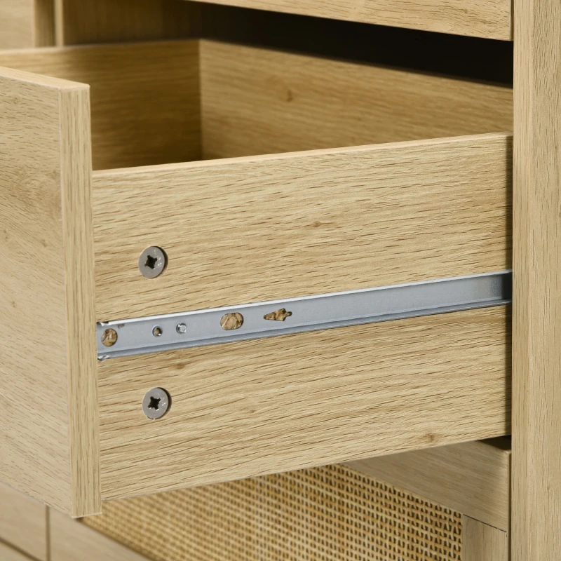 HOMCOM Cassettiera 6 Cassetti Stile Boho per Camera e Ingresso in Legno e Rattan, 110x40x69 cm, Rovere