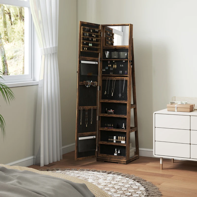HOMCOM Armoire à Bijoux pivotante verrouillable boîte à bijoux avec Miroir - Armoire Bijoux Multi-Rangement - Brun Rustique