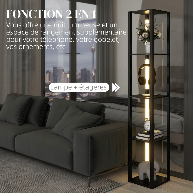 HOMCOM Lampadaire avec étagères 4 niveaux dimmable LED variateur d'intensité interrupteur à pied pour salon chambre bureau noir