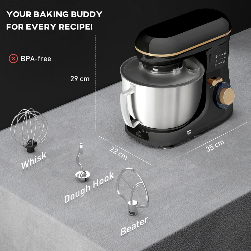HOMCOM 1300W Kitchen Stand Mixer, with Accessories - Black(m-3)