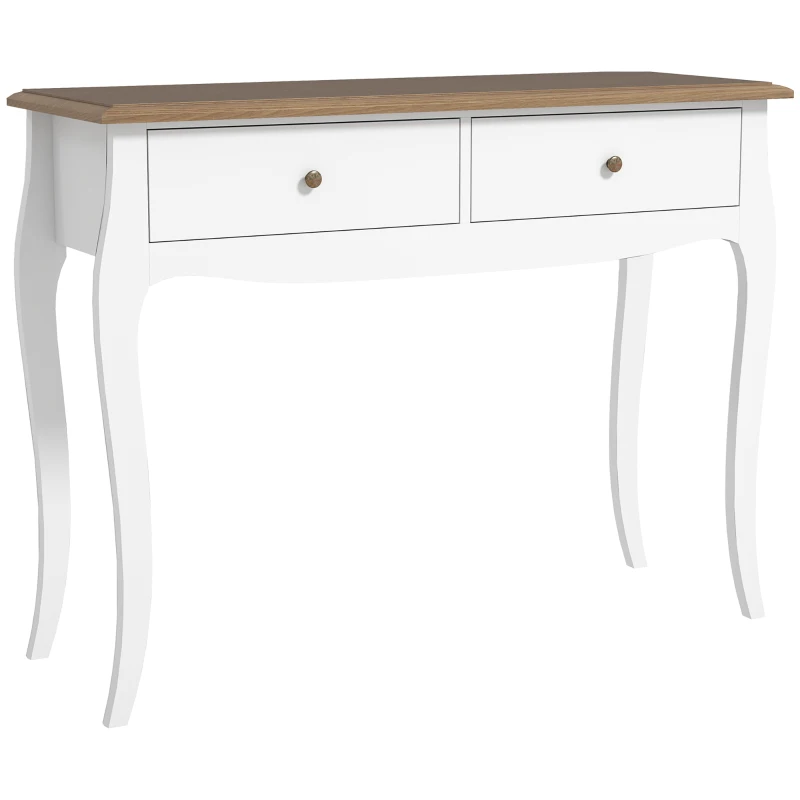 HOMCOM Mesa Consola Consola de Entrada com 2 Gavetas Estilo Francês 100x35x76,5 cm Branco e Marrom Escuro