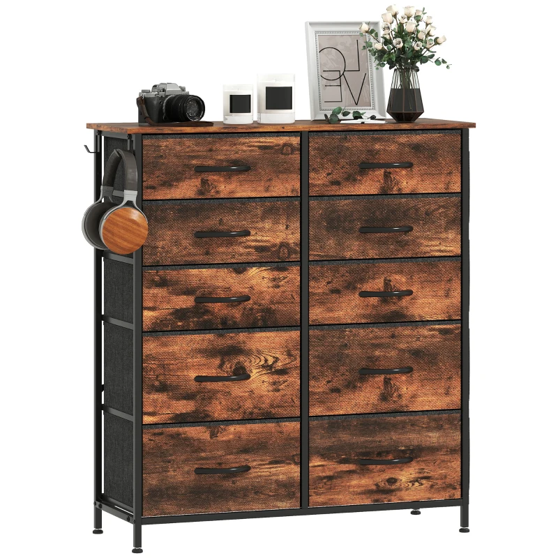 HOMCOM Chest of Ten Fabric Drawers - Rustic Brown