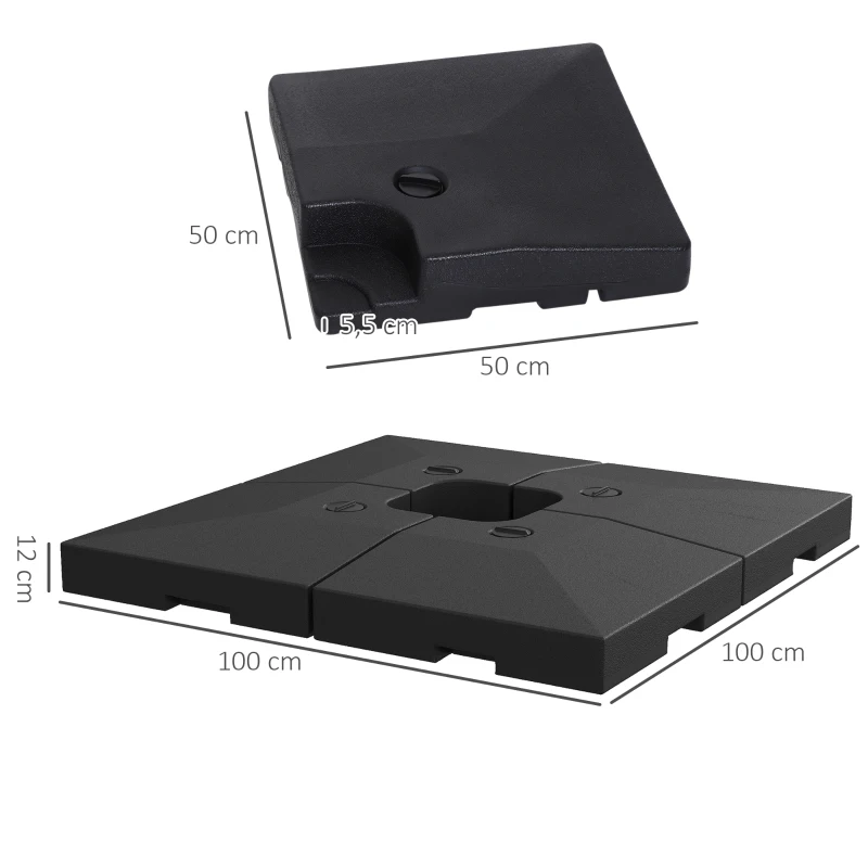 Outsunny Pesos para Base Cruzada de Sombrilla Parasol 4 Piezas Rellenables con Agua de 20 kg o Arena de HDPE de 30 kg 51x51x12cm Negro