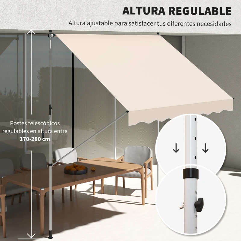 Outsunny Toldo Manual Retráctil 300x150x170-280 cm con Altura Ajustable Manivela y Protección Solar para Terraza Beige