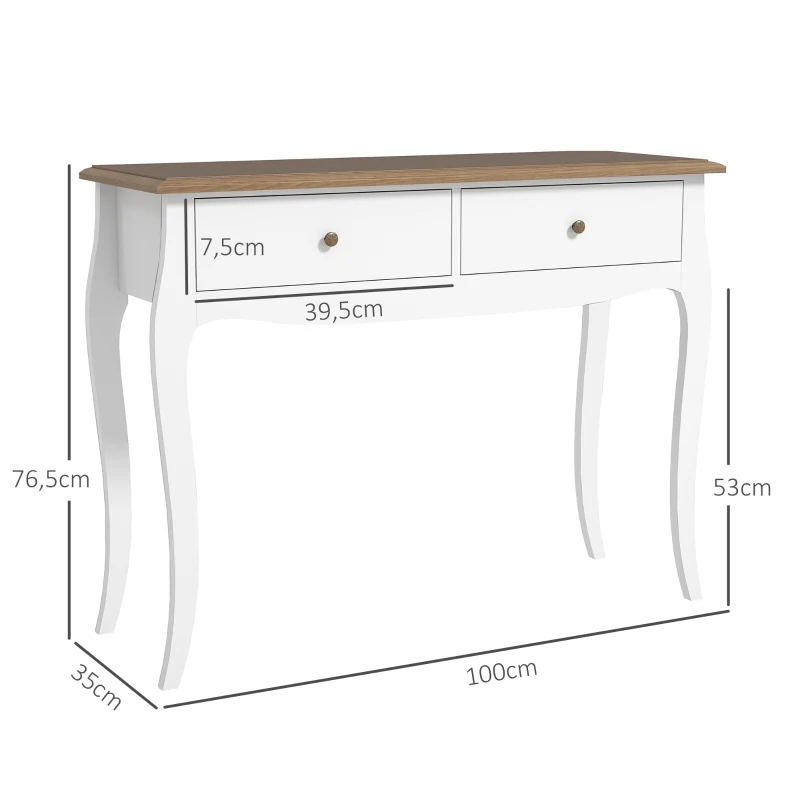 HOMCOM Mesa de Consola con 2 Cajones Estilo Francés para Pasillo Dormitorio Salón 100x35x76,5 cm Blanco y Marrón Oscuro