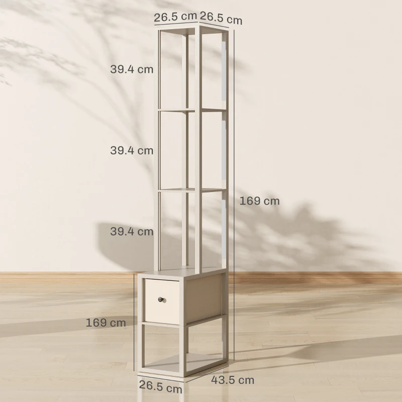HOMCOM Floor Lamp with Shelves, LED Column Modern Standing Lamp with Fabric Drawer, Adjustable Brightness, Foot Switch for Living Room, Bedroom, Office, Oak