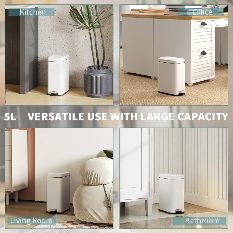 HOMCOM 5L Rectangular Compact Bin Steel Body Removable Bucket Quiet-Close Lid w/ Pedal Lid Rubbish Trash Can Home Office Bedroom Bathroom Living Room Garbage Tidy Clean White