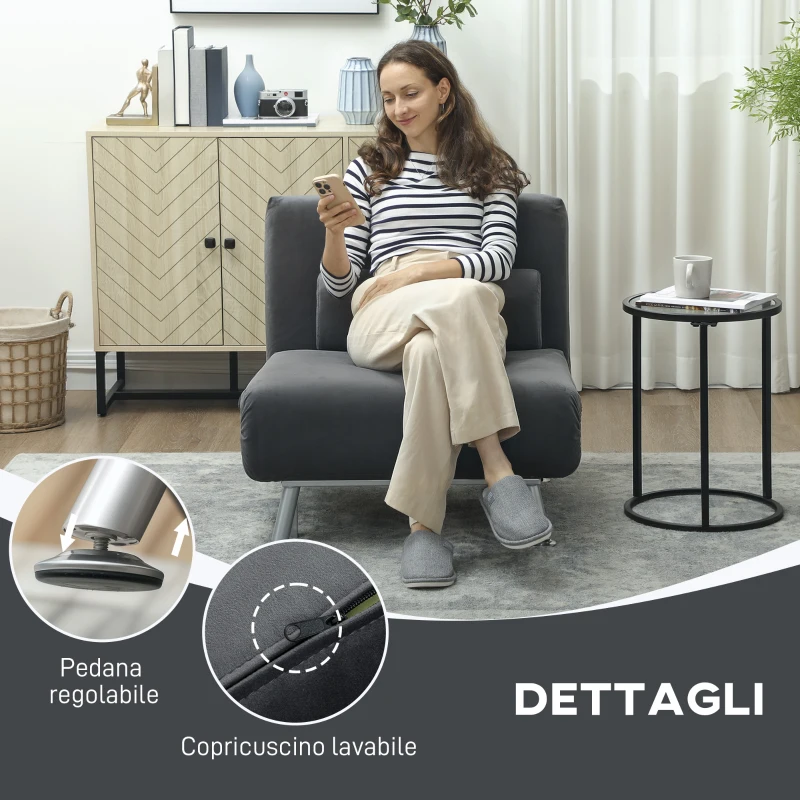 HOMCOM Poltrona Letto 3 in 1 con Schienale Regolabile e Cuscino in Tessuto Effetto Lino, Grigio Scuro