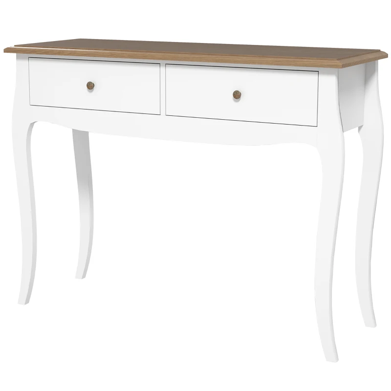 HOMCOM Tavolo Consolle Moderno con 2 Cassetti in Legno, 100x35x76.5 cm, Bianco e Marrone Scuro