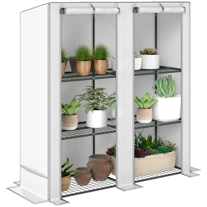 Outsunny Gewächshaus für den Außenbereich mit geneigtem Dach 3 Regalen 2 Aufrollbaren Türen und Stahlrahmen 144x48x152 cm Weiß