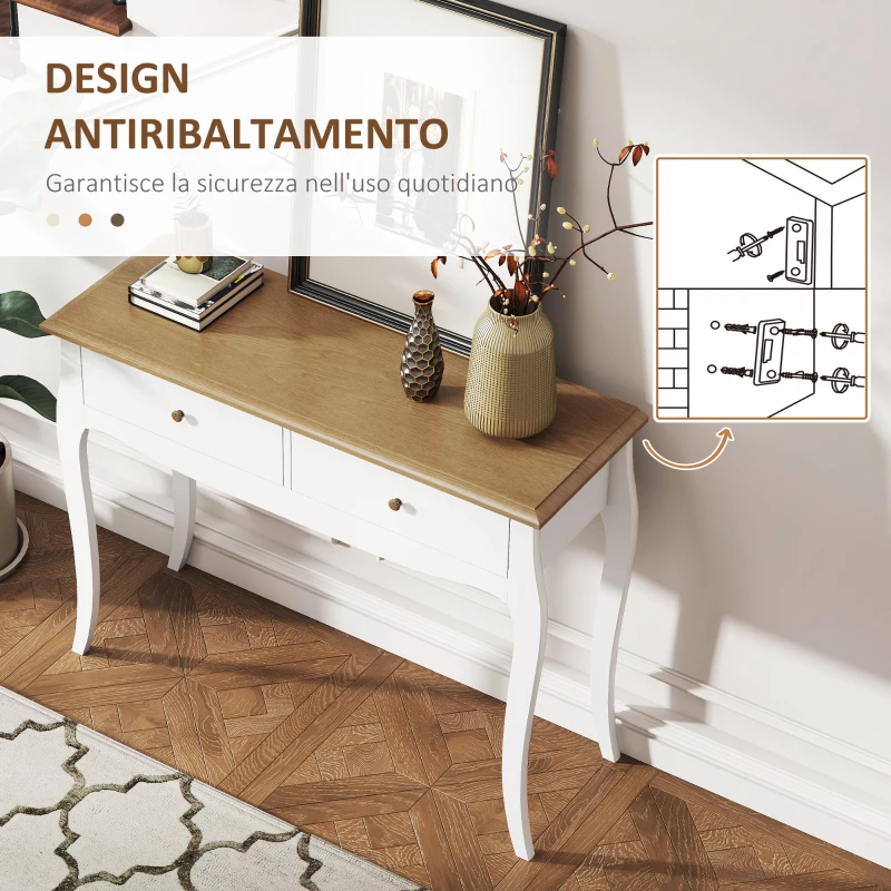 HOMCOM Tavolo Consolle Moderno con 2 Cassetti in Legno, 100x35x76.5 cm, Bianco e Marrone Scuro