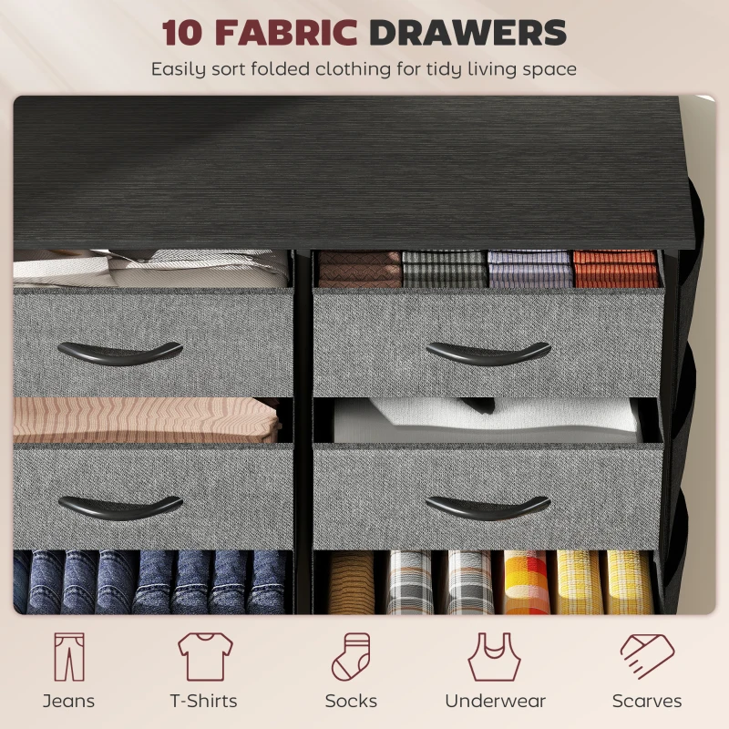 HOMCOM Chest of Ten Fabric Drawers - Charcoal Grey
