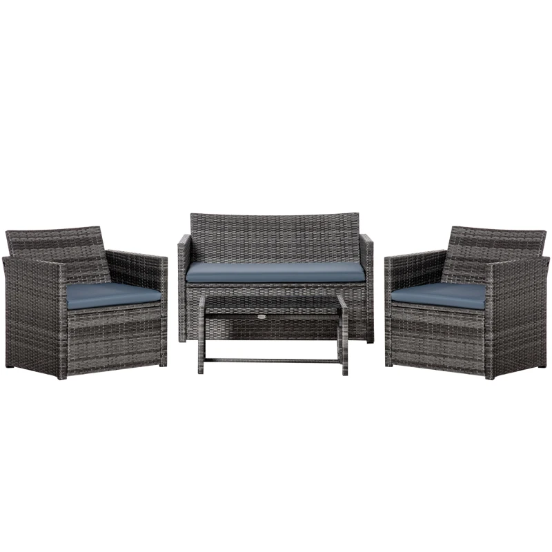 Outsunny 4 Pieces PE Rattan Garden Sofa Set with Cushions, Outdoor Patio Wicker Weave Conservatory Furniture Set with a Loveseat, 2 Armchairs and a Glass Top Coffee Table, Grey