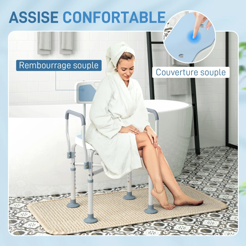 HOMCOM Taburete de ducha, taburete de baño con asiento acolchado en forma de U mejorado y apoyabrazos, altura ajustable, azul