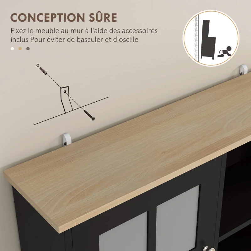 HOMCOM Buffet cuisine, meuble cuisine rangement haut, meuble de rangement avec plan de travail, 3 portes vitrées, 2 niches et étagères réglables, 80 x 37 x 183 cm, noir chêne