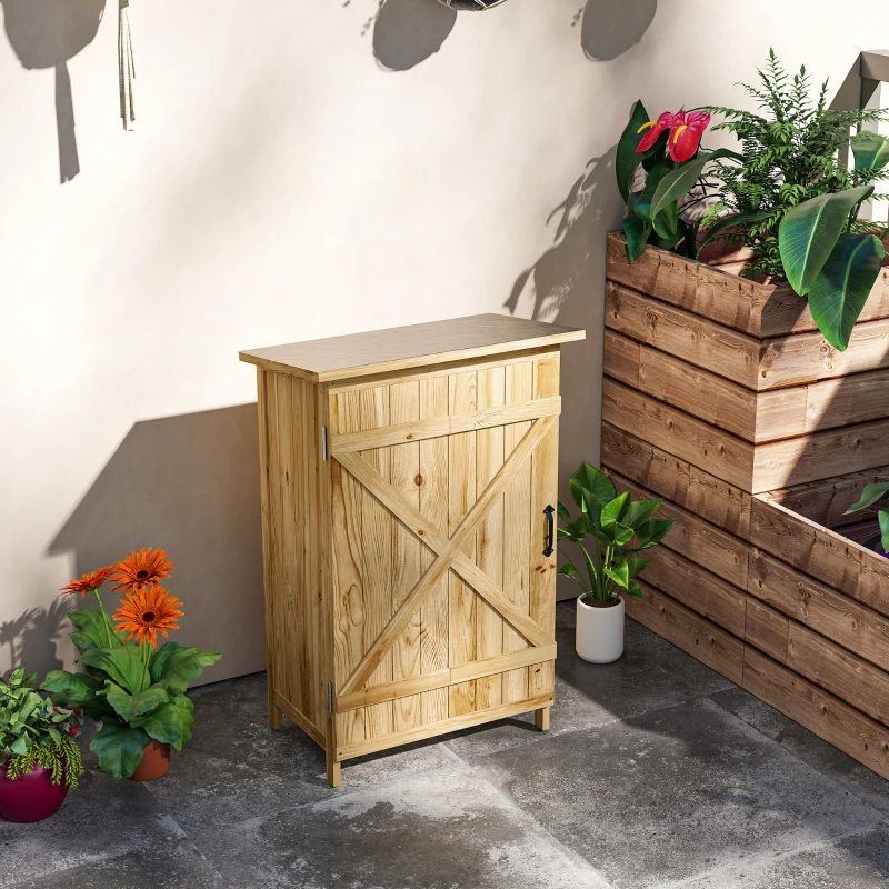 Outsunny Casotto da Giardino in Legno 63,5x40x90 cm Armadio per Archiviazione Attrezzi con 2 Ripiani e Porta Naturale
