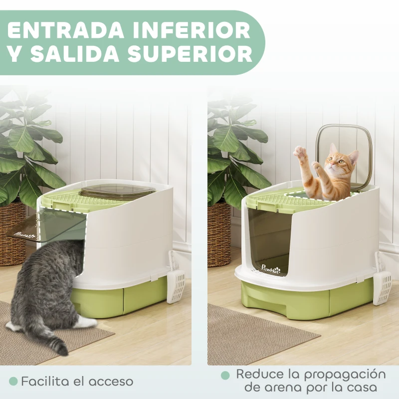 PawHut Arenero Cerrado para Gatos con Entrada Frontal Salida Superior Bandeja Extraíble y Pala 40,5x52,5x42,5 cm Blanco y Verde