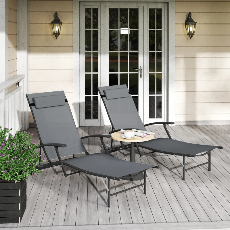 Outsunny Set de 2 Șezlonguri Pliante, Ajustabile în 4 Poziții cu Cotiere și Perne, 64x154x87 cm, Gri