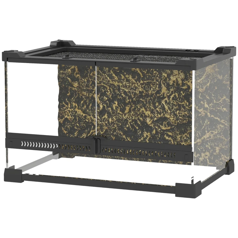 PawHut Reptile Glass Terrarium with Stone Background, Front Ventilation, Escape-Proof Knob Lock, 30 x 20 x 20 cm, Black